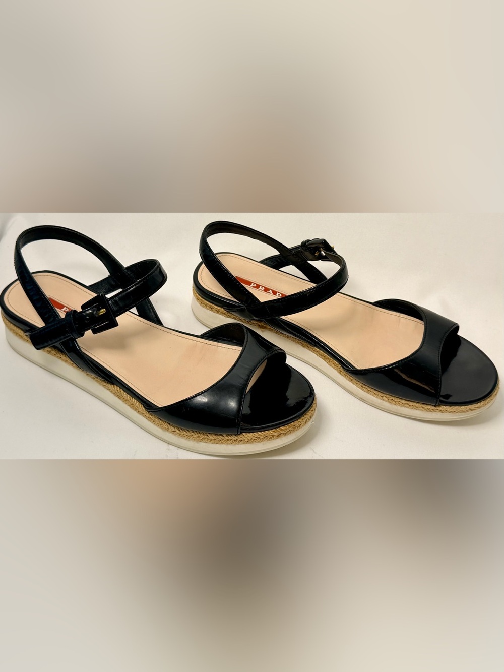 Prada Vintage Linea Rossa Black Patent Leather Espadrille Platform Sandals EU 38